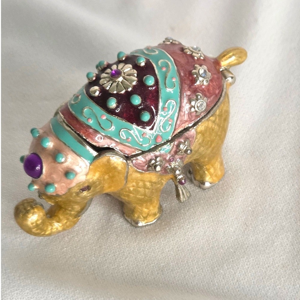 Monet Enameled Elephant Trinket Box Hinged Jeweled Gold